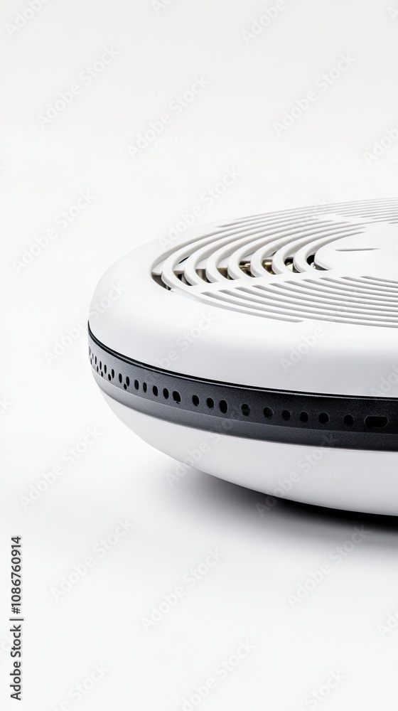 Close-up view of a modern smoke detector for home safety on a white background highlighting its sleek design and soft pastel tones