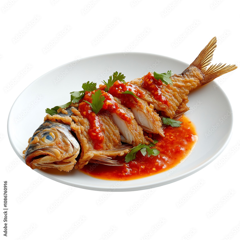A crispy fried fish topped with spicy chili sauce. The fish is perfectly fried with a golden, crunchy texture, and the chili sauce is poured generously over it A crispy fried fish topped with spicy chili sauce. The fish is perfectly fried with a golden, crunchy texture, and the chili sauce is poured generously over it