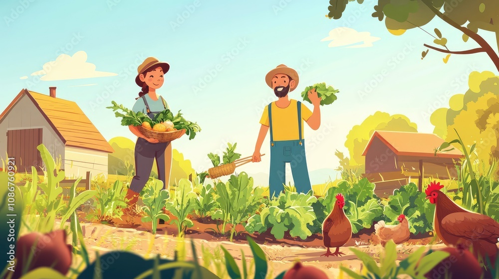 Fototapeta premium Vibrant Illustration of Farmers Working Together in a Lush Garden, Harvesting Fresh Vegetables with Chickens Roaming in a Peaceful Countryside Setting