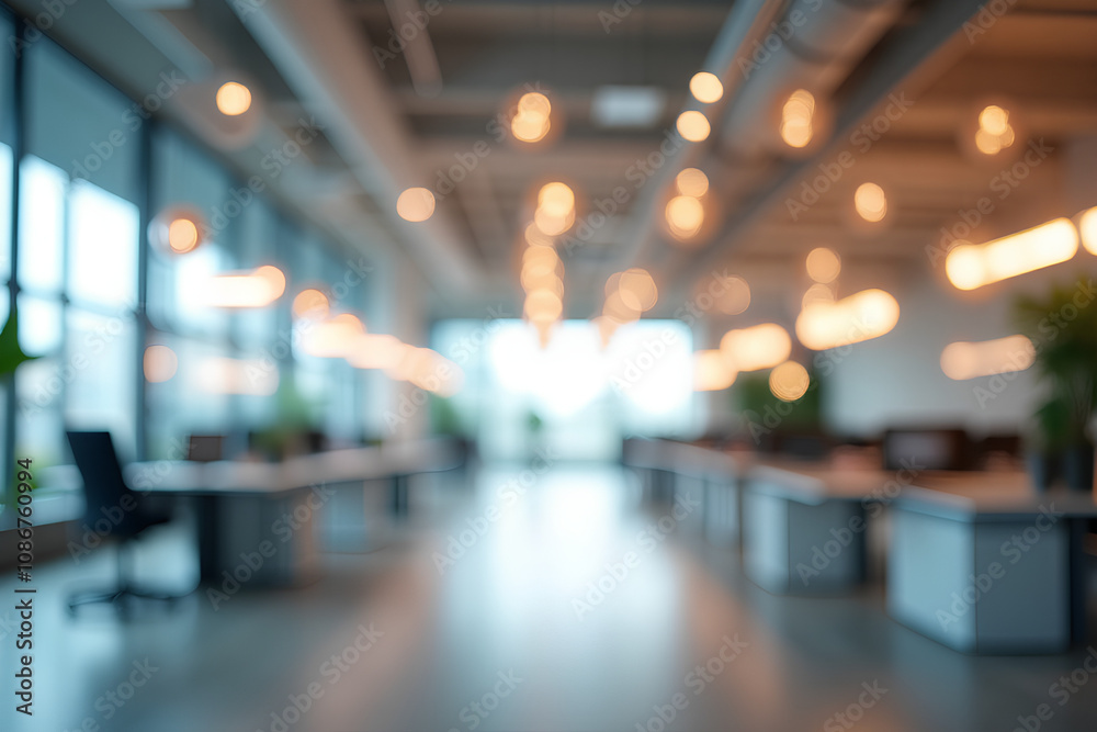 Blurred empty open space office. Abstract light bokeh at office interior background for design Blurred empty open space office. Abstract light bokeh at office interior background for design
