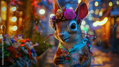 The beautifully decorated squirrel during a carnival evening on a town sidewalk