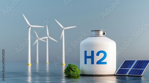 Innovative green energy solution with H2 gas tank, wind turbines, and solar panels in a serene natural landscape