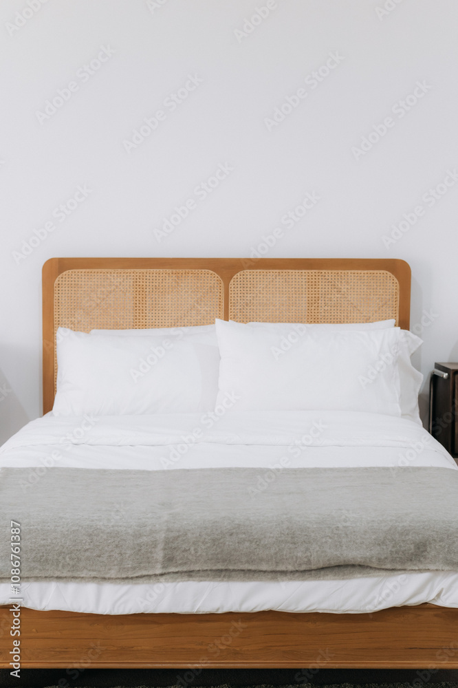 Cozy bedroom with wooden bed and white bedding