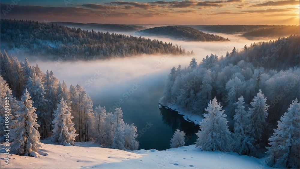 Winter mountains and northern forest under the cover of morning fog. Winter mountains and northern forest under the cover of morning fog.