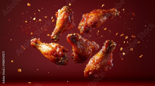 Crispy Fried Chicken Wings in Air  Spicy Sauce Splash  Red Background  3D Render photo