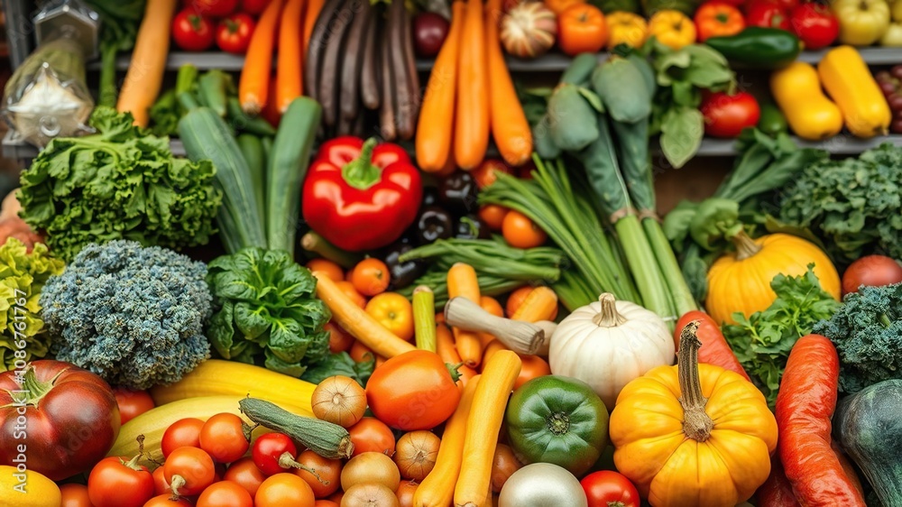Bright and cheerful yellow background with an assortment of vibrant fresh fruits and vegetables, produce, background Bright and cheerful yellow background with an assortment of vibrant fresh fruits and vegetables, produce, background