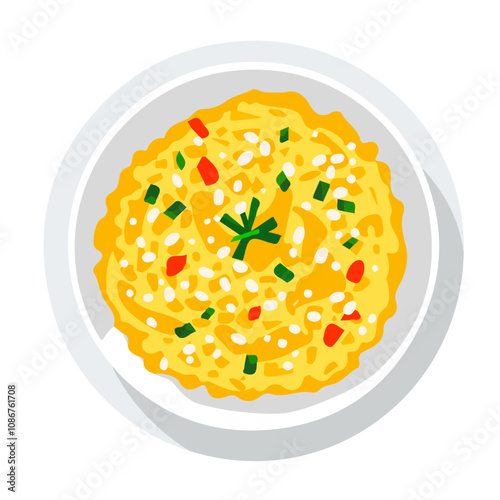 A simple flat 2D icon of risotto Alla Milanese on plate isolated on a blue background, vector design, ideal for animation,  mobile apps, web design, digital illustrations, branding, minimalist