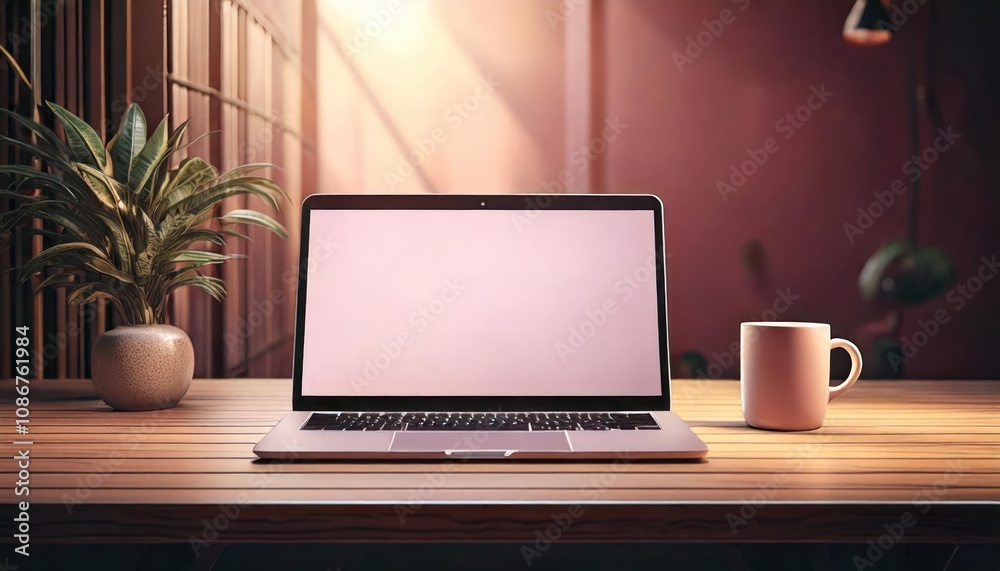 Laptop with Blank Screen and Coffee Mug on Work Desk Laptop with Blank Screen and Coffee Mug on Work Desk