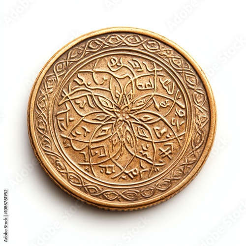 Ornate coin with intricate design, white isolate background.