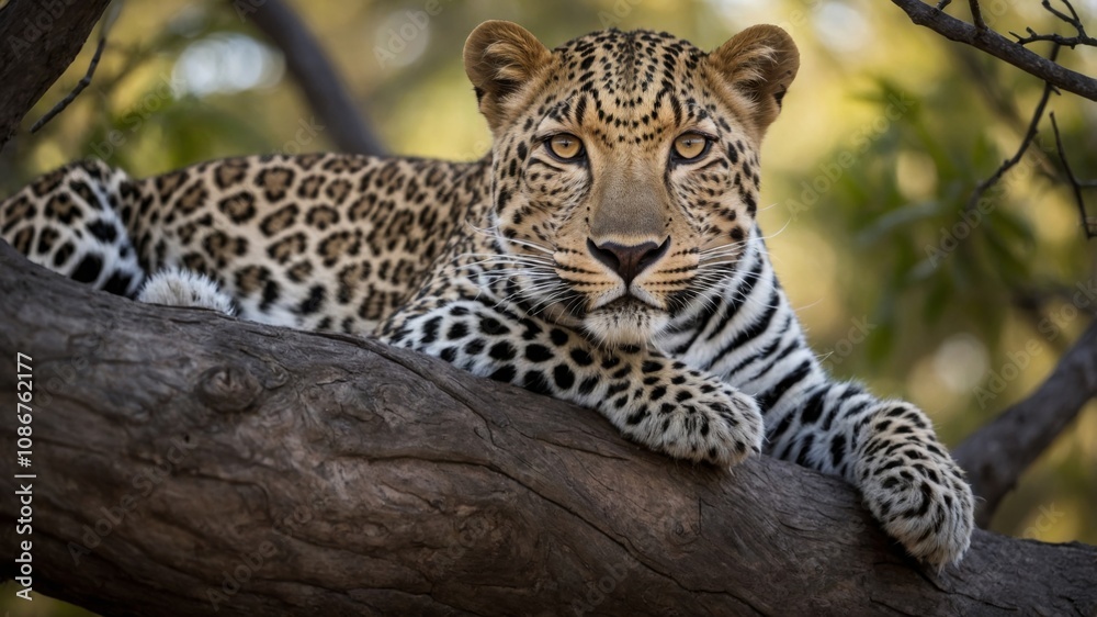 Leopard lying on a tree, spotted cat in wild environment Leopard lying on a tree, spotted cat in wild environment