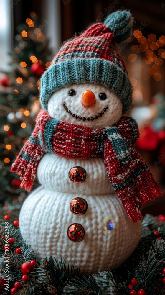 A cheerful snowman decorates a cozy space, adorned with a knitted hat and scarf, surrounded by holiday lights and festive ornaments. A cheerful snowman decorates a cozy space, adorned with a knitted hat and scarf, surrounded by holiday lights and festive ornaments.