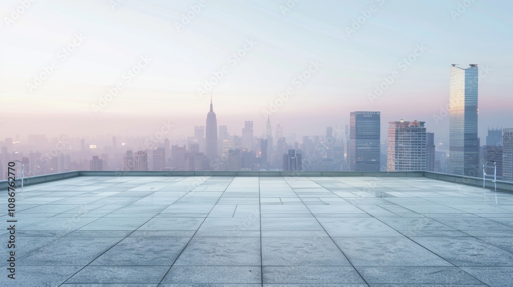 Empty square floor with city skyline background, Neighborhood Park revitalization, morning