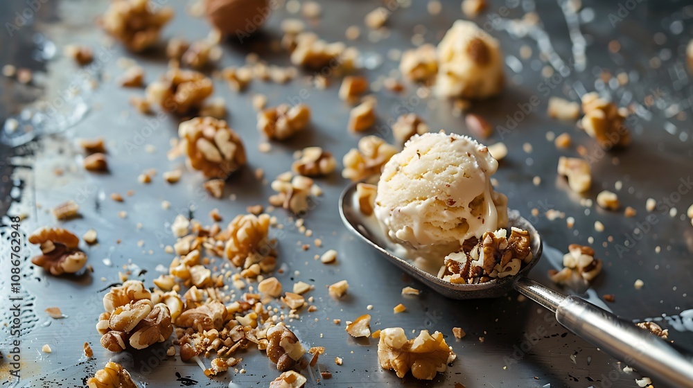 The candy scoop on a steel table with walnut crumbs and glaces The candy scoop on a steel table with walnut crumbs and glaces