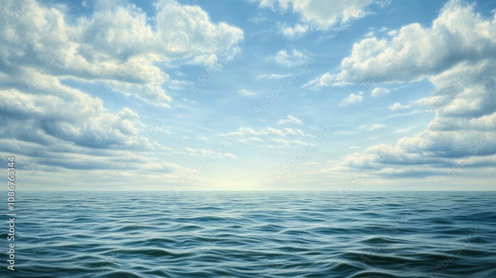 Fototapeta premium A serene view of the ocean under a vast sky filled with soft, fluffy clouds, reflecting tranquility and peace.