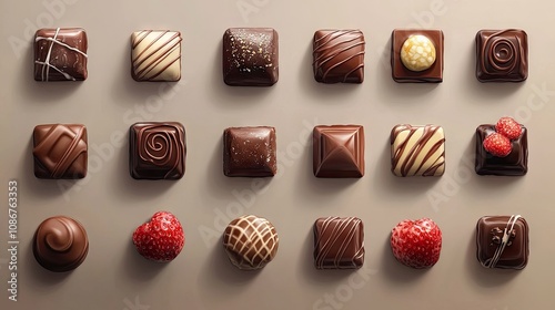 An assortment of gourmet chocolates including dark, milk, and white varieties beautifully arranged on a neutral background.