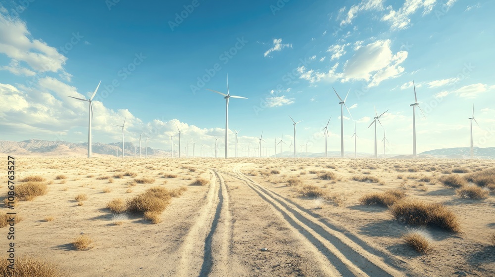 A breathtaking view of wind turbines standing tall against a clear blue ...