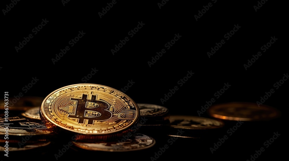 Close-Up of Shiny Bitcoin Coins Stacked on Black Background Highlighting the Digital Currency Representing Modern Finance and Investment Opportunities Close-Up of Shiny Bitcoin Coins Stacked on Black Background Highlighting the Digital Currency Representing Modern Finance and Investment Opportunities