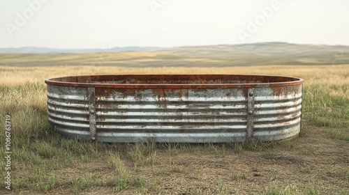 Old rusted water trough sits in the vast grassy landscape under a soft morning light, evoking a sense of forgotten rural life