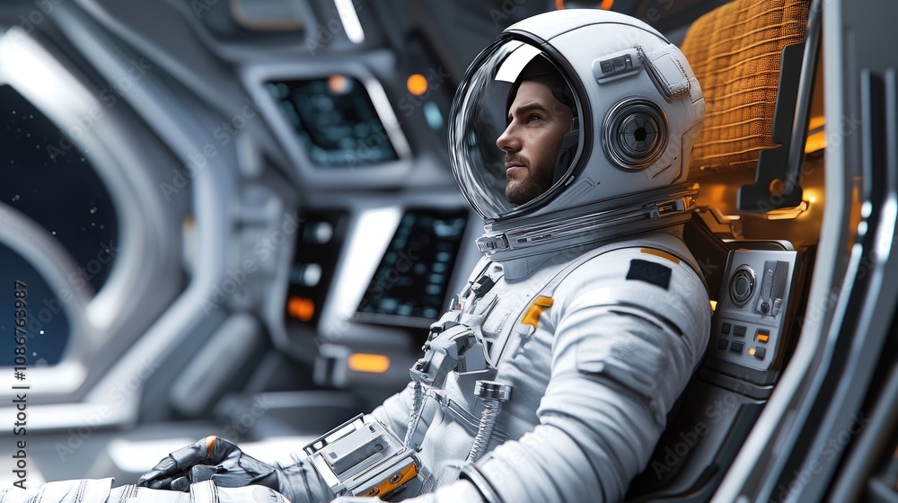 Fototapeta premium A focused male astronaut in a white spacesuit sits inside a futuristic spacecraft, gazing thoughtfully at the control panel.