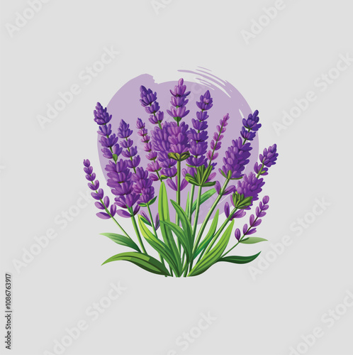 A beautifully illustrated bundle of blooming lavender flowers with lush green stems, set against a soft purple watercolor splash—symbolizing tranquility, nature’s elegance, and the soothing beauty of 