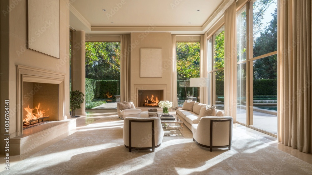 Obraz premium Elegant Roman-Inspired Living Room with Fireplace and Plush Seating, Bathed in Natural Light | Interior Design Concept Photo