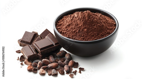 A bowl of cocoa powder with dark chocolate pieces and cocoa beans, showcasing rich textures and earthy tones.