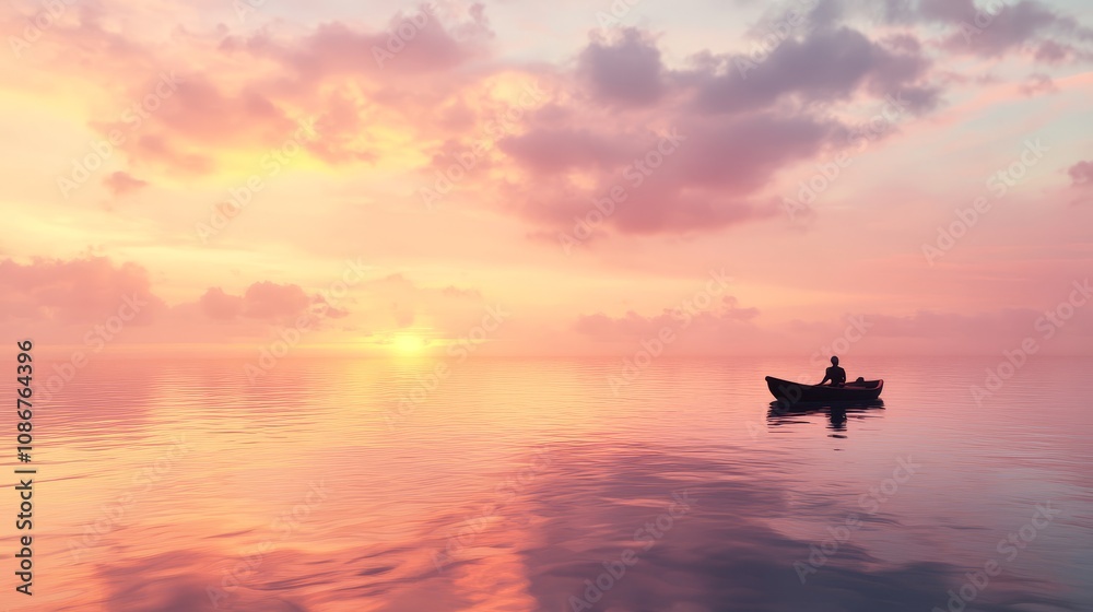 Obraz premium A lone canoeist drifts peacefully on calm waters during a vibrant sunset, evoking tranquility and reflection in nature.