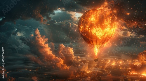 A captivating sequence unfolds as the balloon lands, ignites, and deals with a fire during its stormy flight. photo