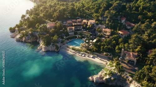 A serene aerial view of a luxurious resort surrounded by lush greenery and turquoise waters.