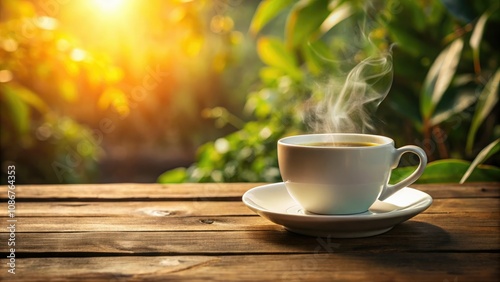 A warm cup of coffee sits in a white mug on a rustic wooden table, creating a cozy morning atmosphere filled with relaxation and comfort.