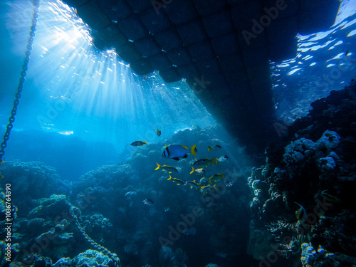 Light shimmering under the water under a boat stake pier with many tropical fishes fish in the Red Sea in Egypt. Surreal sight of a coral reef while Scuba Diving