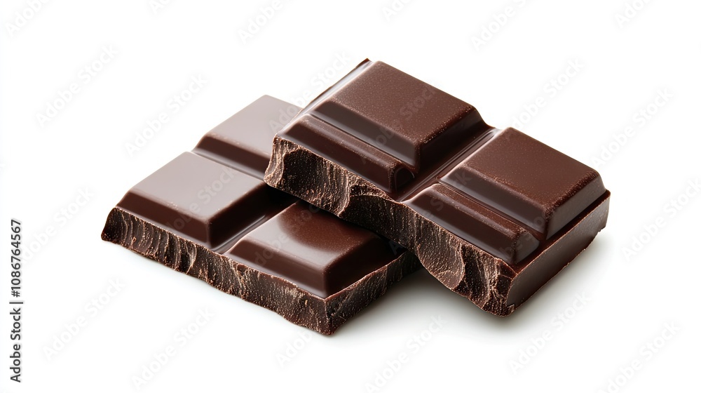 Two rich, dark chocolate bars stacked against a clean white background. Two rich, dark chocolate bars stacked against a clean white background.