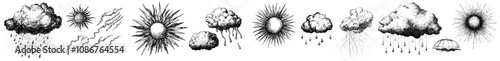 An illustration depicting a cloud, sun, and rain with weather elements such as a thunderstorm, lightning bolt, and drops.