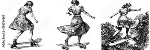 Skateboard riding pin-up girl, blending retro fashion with modern skate culture. Character illustration using generative stock.