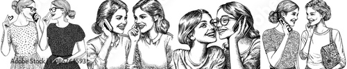 Angry young woman flirts with playful smile, friend looks shocked, confused. Young enamored female in playful mood on white background. Flat modern illustration.