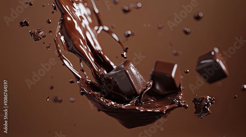 Rich, melting chocolate splashes artistically against a warm brown background.