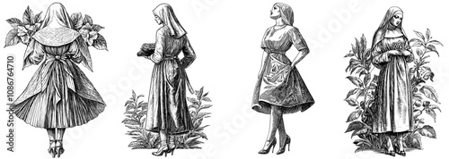 In black and white, this image shows a nun in full habit blending classic religious imagery with a poised, modern stance sketch engraving generative ai illustration. Scratch board imitation.