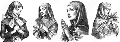 In this sketch engraving generative AI illustration, the nun poses with a solemn expression and traditional habit. She is capturing classic religious imagery within this sketch engraving generative
