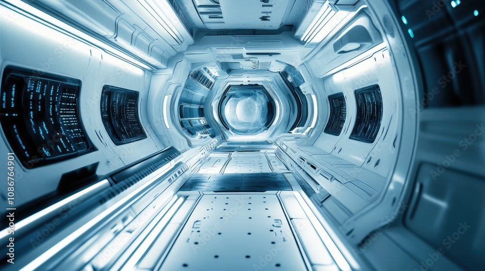 Futuristic spaceship corridor with sleek design and glowing blue lights, creating a sci-fi ambiance.