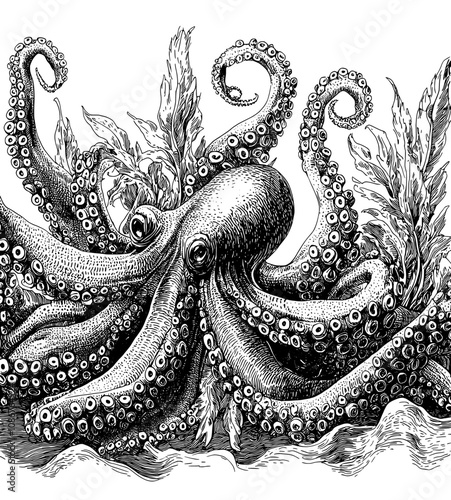 Squid kraken limbs cartoons. Kalmar tentacles suction cups underwater. Octopus marine oceanic cephalopod predator depths hunter illustrations.