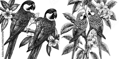 Decorative fabric fabric print design, with parrots, exotic birds, and plants. Useful modern background with colorful parrots, exotic birds, and exotic plants.