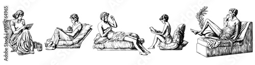 A woman in a bed set is asleep, eating, and watching her phone. Good bad dreams, relaxed sleepless girls are waking up in the morning after experiencing insomnia at night. Flat modern illustration