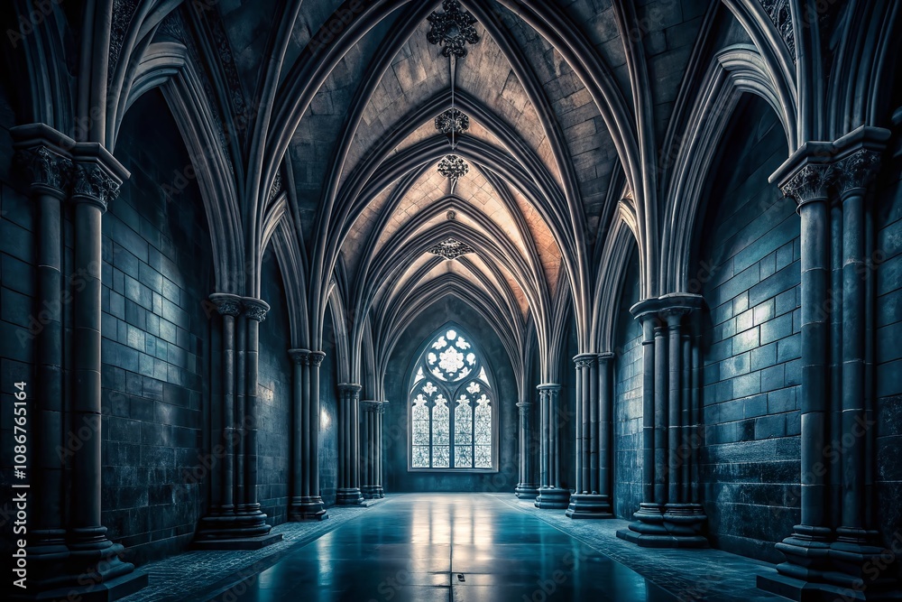 Naklejka premium Captivating Gothic Minimalist Screensaver: Dark Elegance in Monochrome Design for Serene Aesthetic Spaces and Digital Environments