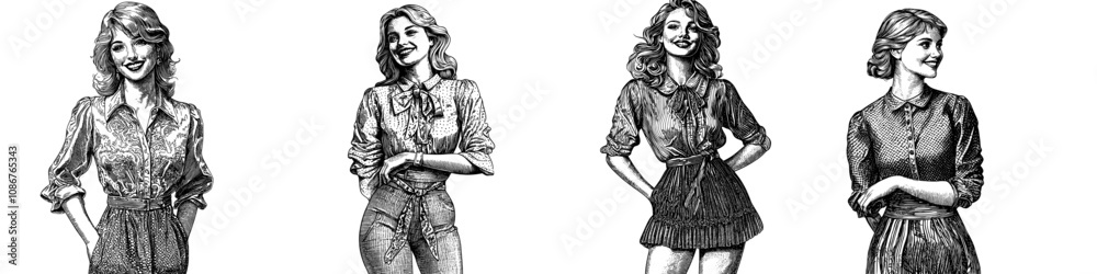 Obraz premium A playfully smiling young woman and a flirty sketch engraving are the basis for this generative AI illustration. Scratchboard impersonation in black and white.