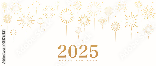 New Year 2025 banner, gold fireworks background