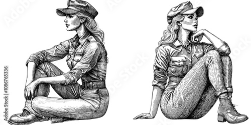 Black and white photo of a pin-up woman with a military-style jacket and lace-up boots, in a confident pose. Vintage fashion sketch engraving generative AI illustration. Scratch board imitation.