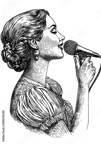 A woman in a tight evening dress holding a microphone. Scratch board imitation. A generative AI illustration in the classic style sketch engraving.