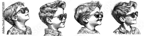 A baby in sunglasses wearing a pompadour hairstyle. The image has a rockabilly style sketch engraving generative art illustration. The scratch board effect is done in black and white.