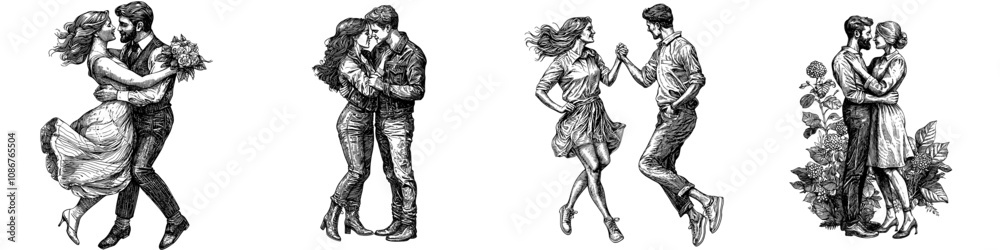 Sketch engraving generative AI fiction poster illustration of two couples dancing closely and sharing a romantic embrace in vintage clothing. Scratch board imitation. Black and white image. Sketch engraving generative AI fiction poster illustration of two couples dancing closely and sharing a romantic embrace in vintage clothing. Scratch board imitation. Black and white image.
