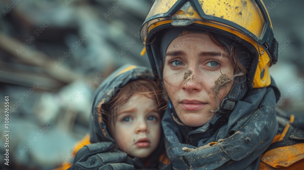 After surviving a daunting earthquake, a scared child is securely held by a rescuer, a crucial snapshot of emergency services' invaluable role. After surviving a daunting earthquake, a scared child is securely held by a rescuer, a crucial snapshot of emergency services' invaluable role.